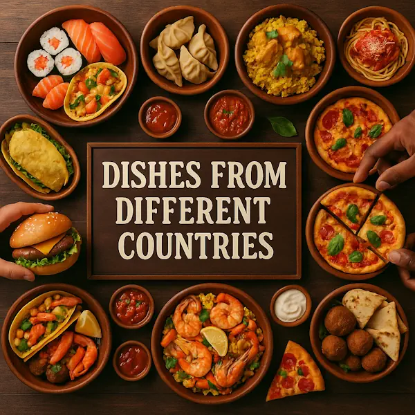 Flat lay of international dishes including sushi, dumplings, curry rice, pasta, pizza, tacos, burgers, falafel, and seafood paella in rustic wooden bowls, centered around sign reading “DISHES FROM DIFFERENT COUNTRIES.”