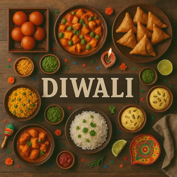 Top-down view of a rustic wooden table featuring a vibrant Diwali spread arranged around a central sign labeled DIWALI. Includes gulab jamuns, samosas, vegetable curry, yellow rice, plain rice, chutneys, shrikhand, and festive snacks, surrounded by traditional diyas, lime slices, and colorful confetti for a celebratory look.