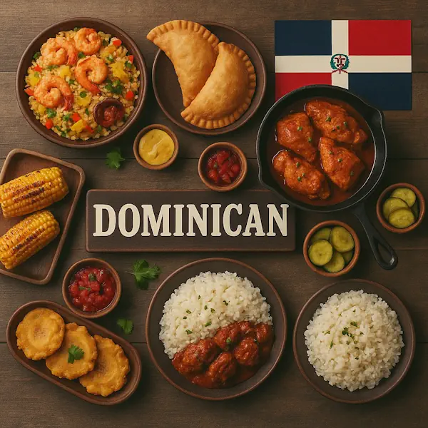 Top-down view of a rustic wooden table featuring a variety of traditional Dominican dishes arranged around a central sign labeled DOMINICAN, with the Dominican Republic flag in the top right corner. Includes rice with stewed chicken, tostones, empanadas, shrimp rice, grilled corn, and pickles, all served in wooden and ceramic bowls and plates.