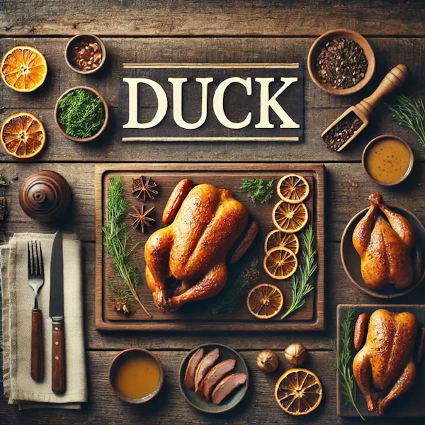 A rustic flat lay of duck on a medium-dark wooden table with horizontal planks. The scene shows roasted duck and duck portions on a wooden board with garnishes like herbs, orange slices, and vegetables. At the top, the word 'DUCK' is written in large cream-colored serif letters, centered and clearly visible.