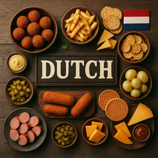 Top-down view of a rustic wooden table featuring a variety of traditional Dutch dishes arranged around a central sign labeled DUTCH, with the Dutch flag in the top right corner. Includes bitterballen, croquettes, fries, cheese cubes, sliced sausage, pickles, boiled potatoes, stroopwafels, mustard, and crackers, all served in wooden and ceramic bowls and plates.