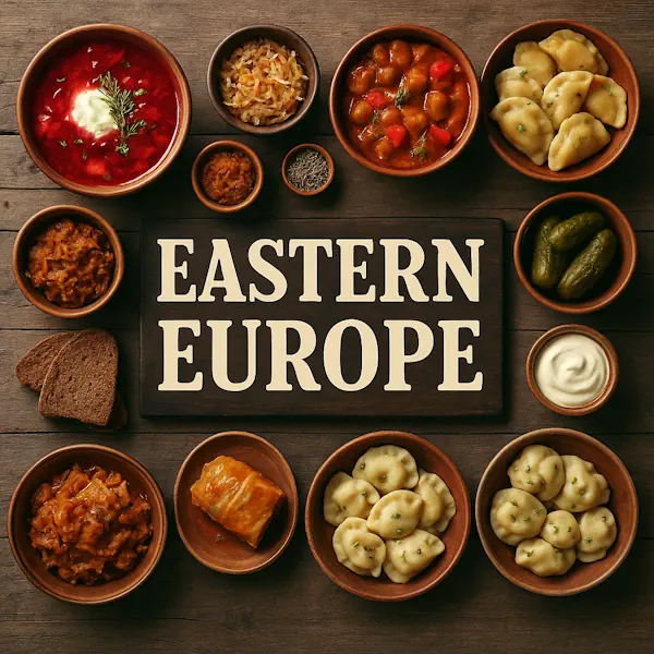 Top-down view of a rustic wooden table featuring a spread of traditional dishes from Eastern Europe arranged around a central sign labeled EASTERN EUROPE. Includes borscht, goulash, sauerkraut, pierogi, dumplings, rye bread, pickles, and stuffed cabbage rolls, all served in wooden and ceramic bowls and plates.