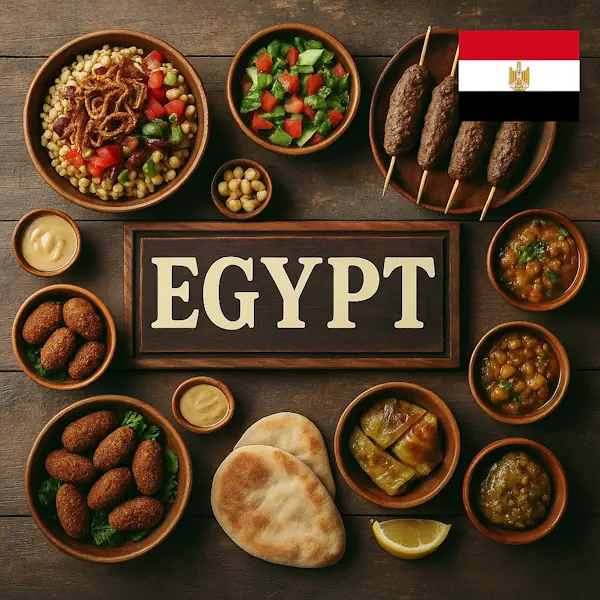 Top-down view of a rustic wooden table featuring a variety of traditional Egyptian dishes arranged around a central sign labeled EGYPT, with the Egyptian flag in the top right corner. Includes koshari, falafel, kofta skewers, ful medames, flatbread, stuffed grape leaves, and lentil stew, all served in wooden and ceramic bowls and plates.