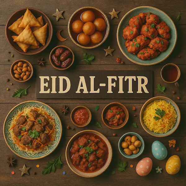 Top-down view of a rustic wooden table featuring a festive Eid al-Fitr spread arranged around a central sign labeled EID AL-FITR. Includes samosas, gulab jamun, spiced meat dishes, yellow rice, dates, almonds, and savory sauces, all served in decorative ceramic and wooden bowls, with moon and star decorations and colorful eggs completing the celebratory scene.