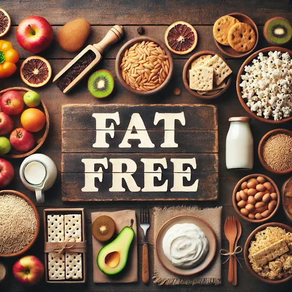 A rustic flat lay of fat free foods on a medium-dark wooden table with horizontal planks. The scene includes fresh fruits, vegetables, rice cakes, plain popcorn, and fat-free yogurt, arranged neatly in bowls and plates. At the top, the words 'FAT FREE' are written in large cream-colored serif letters, centered and clearly visible.