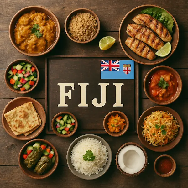 Top-down view of a rustic wooden table featuring a variety of traditional Fijian dishes arranged around a central sign labeled FIJI, with the Fijian flag in the top right corner. Includes curry chicken, grilled fish, rice, roti, tropical salads, stuffed leaves, and coconut cream, all served in wooden and ceramic bowls and plates.