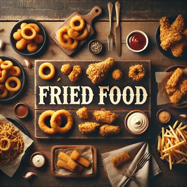 A rustic flat lay of fried foods on a medium-dark wooden table with horizontal planks. The scene includes fried chicken, onion rings, mozzarella sticks, and fries, with small bowls of dipping sauces nearby. At the top, the words 'FRIED FOOD' are written in large cream-colored serif letters, centered and clearly visible.
