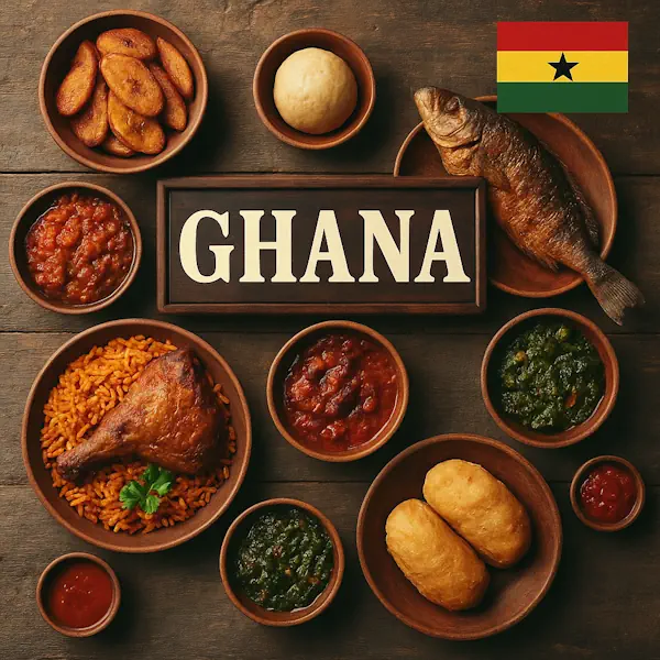 Top-down view of a rustic wooden table featuring a variety of traditional Ghanaian dishes arranged around a central sign labeled GHANA, with the Ghanaian flag in the top right corner. Includes jollof rice with chicken, fried plantains, fried fish, banku, fufu, spicy stews, and greens, all served in wooden and ceramic bowls and plates.