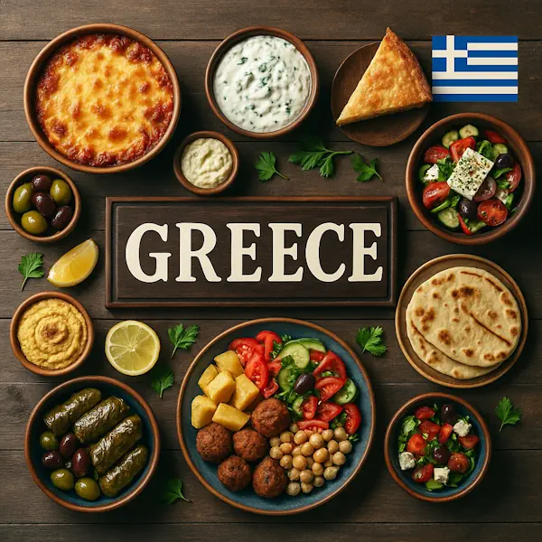 Top-down view of a rustic wooden table featuring a variety of traditional Greek dishes arranged around a central sign labeled GREECE, with the Greek flag in the top right corner. Includes moussaka, spanakopita, Greek salad, grilled meats, tzatziki, olives, and pita bread, all served in wooden and ceramic bowls and plates.