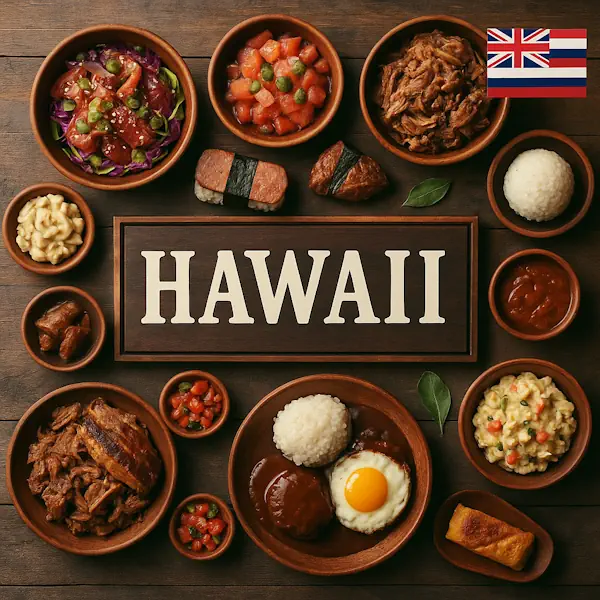 Top-down view of a rustic wooden table featuring a variety of traditional Hawaiian dishes arranged around a central sign labeled HAWAII, with the Hawaiian flag in the top right corner. Includes poke salad, lomi-lomi salmon, kalua pork, loco moco, spam musubi, and macaroni salad, all served in wooden and ceramic bowls and plates.