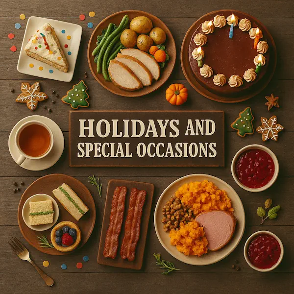 Top-down view of a rustic wooden table featuring a festive assortment of holiday and special occasion foods arranged around a central sign labeled HOLIDAYS AND SPECIAL OCCASIONS. Includes birthday cake, holiday cookies, roast turkey with vegetables, bacon, tea sandwiches, cranberry sauce, and slices of ham with sweet potatoes, all served in warm-toned ceramic and wooden dishes with seasonal accents and confetti.
