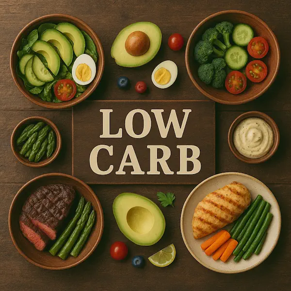 Top-down view of a rustic wooden table featuring an assortment of low-carb dishes arranged around a central sign labeled LOW CARB. Includes grilled steak, chicken breast, asparagus, avocado, salad with cucumber and tomato, boiled eggs, and a creamy dip, all served in wooden and ceramic bowls and plates.