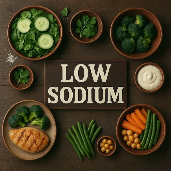 Top-down view of a rustic wooden table featuring an assortment of low-sodium dishes arranged around a central sign labeled LOW SODIUM. Includes grilled chicken, broccoli, spinach, cucumber slices, green beans, carrots, chickpeas, and creamy dip, all served in earthy wooden and ceramic bowls.