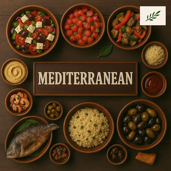 Mediterranean cuisine flat lay with Greek salad, hummus, grilled fish, couscous, olives, roasted vegetables, and shrimp in rustic wooden bowls, centered around MEDITERRANEAN sign with olive branch flag.