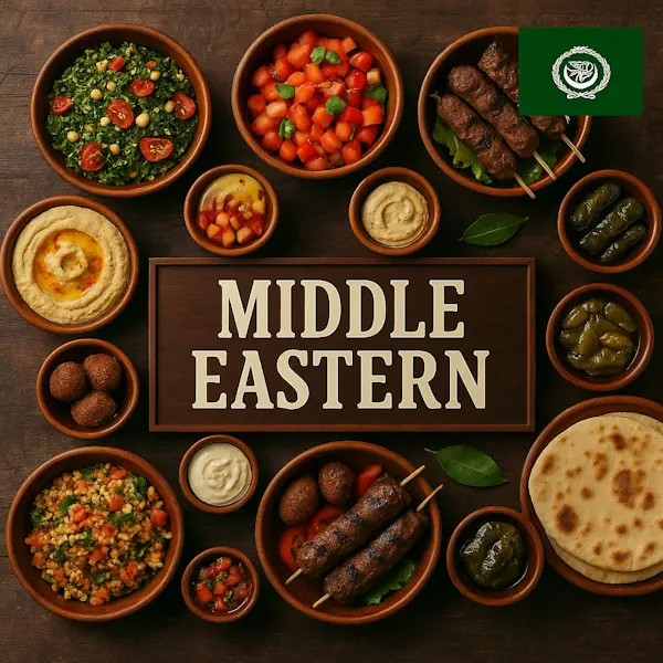 Authentic Middle Eastern cuisine flat lay with falafel, hummus, tabbouleh, kebabs, stuffed grape leaves, flatbread, and baba ganoush in rustic wooden bowls, centered around MIDDLE EASTERN sign with symbolic flag.