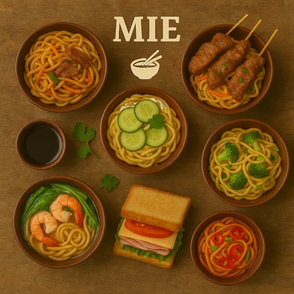 A rustic wooden table displays a colorful assortment of Asian noodle (mie) dishes in brown ceramic bowls, including varieties with shrimp, vegetables, grilled skewers, cucumber, and spicy peppers. The title "MIE" appears at the top with a bowl and chopsticks icon.