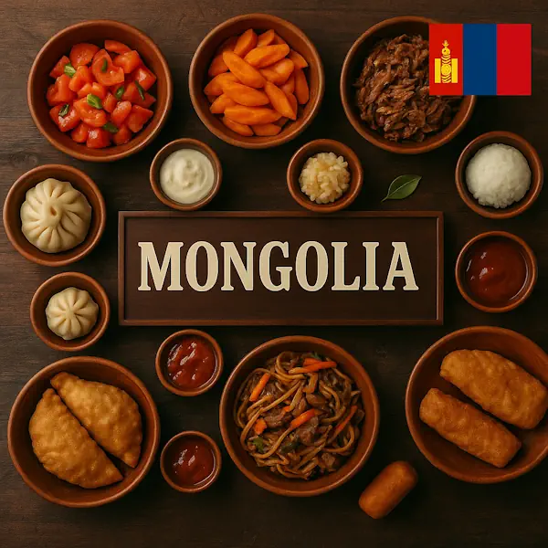 Authentic Mongolian cuisine flat lay with steamed dumplings, fried pastries, noodles with meat and vegetables, pickled carrots, rice, and sauces in rustic wooden bowls, centered around MONGOLIA sign with national flag.