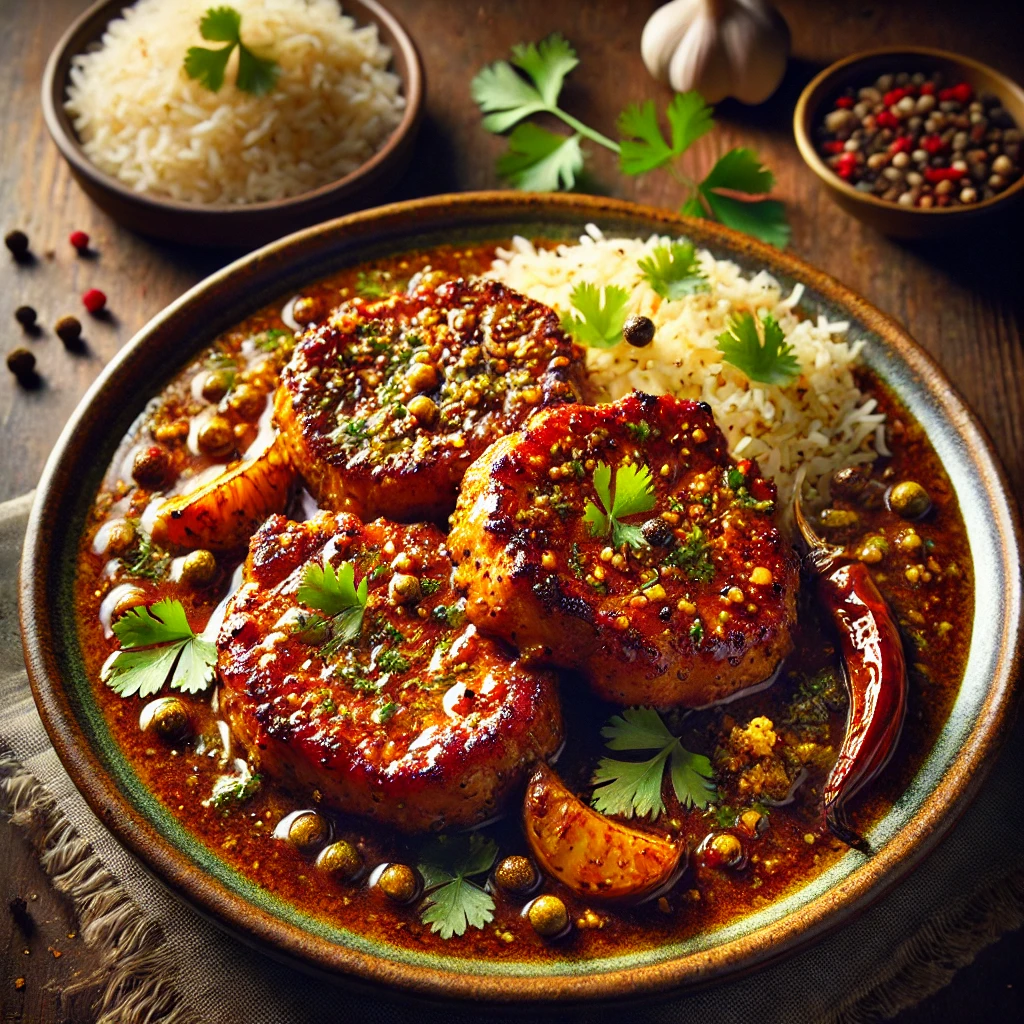 A beautifully plated dish of ndian-Spiced Pork Chops with Soy Sauce, featuring tender, pan-seared pork chops coated in a rich, spiced sauce infused with mustard seeds, garlic, and aromatic Indian spices. The dish has a deep golden-brown hue with a glossy, flavorful glaze. Garnished with fresh coriander and a sprinkle of black pepper, it is served on a rustic ceramic plate. Accompanied by fragrant basmati rice and a side of sautéed vegetables, the plate rests on a wooden table with soft, warm lighting enhancing the inviting and flavorful presentation.