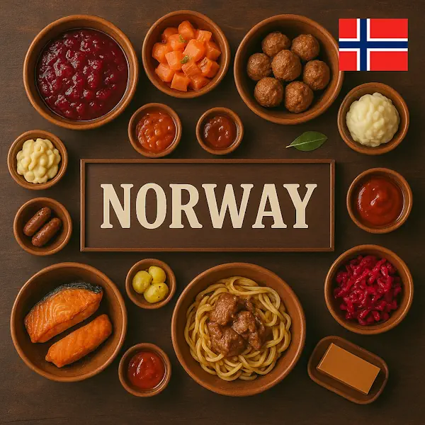Authentic Norwegian cuisine flat lay with salmon, meatballs, mashed potatoes, root vegetables, lingonberry sauce, and traditional accompaniments in rustic wooden bowls, centered around NORWAY sign with the national flag.