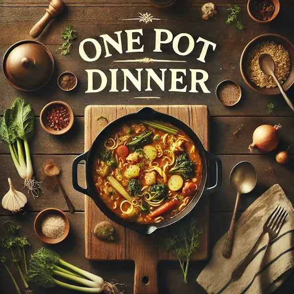 A rustic flat lay of a one pot dinner on a medium-dark wooden table with horizontal planks. A large pot or cast iron skillet is filled with a hearty meal such as stew, pasta, or rice with vegetables and herbs, with a ladle beside it. At the top, the words 'ONE POT DINNER' are written in large cream-colored serif letters, centered and clearly visible.