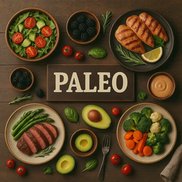 Top-down view of a rustic wooden table featuring an assortment of Paleo-friendly foods arranged around a central sign labeled PALEO. Includes grilled chicken, sliced steak with asparagus, fresh salad, avocado, berries, and steamed vegetables, all presented in wooden and ceramic bowls and plates.