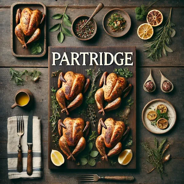 A rustic flat lay of partridge on a medium-dark wooden table with horizontal planks. The scene includes roasted partridge and partridge portions arranged on a wooden board with garnishes such as herbs, lemon slices, and vegetables. At the top, the word 'PARTRIDGE' is written in large cream-colored serif letters, centered and clearly visible.