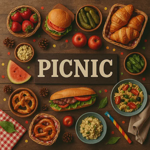 Top-down view of a rustic wooden table featuring a cozy picnic spread arranged around a central sign labeled PICNIC. Includes sandwiches, croissants, pasta salad, potato salad, watermelon slices, apples, strawberries, pretzels, and pickles, all complemented by pinecones, a red gingham napkin, and colorful confetti, creating a relaxed outdoor feel.