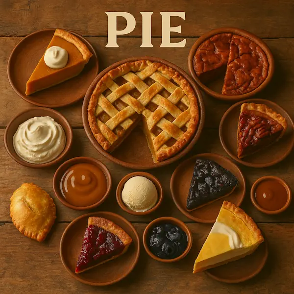 Bright square tile titled “PIE” on an extra-rustic, light-wood table with soft key light from the left: center lattice apple pie with one slice removed; slices of pumpkin pie (with whipped cream), cherry pie, pecan pie, blueberry pie, and lemon meringue/cream; a small hand pie; bowls of whipped cream, vanilla ice cream, and caramel sauce; cheerful exposure; no bottom text.
