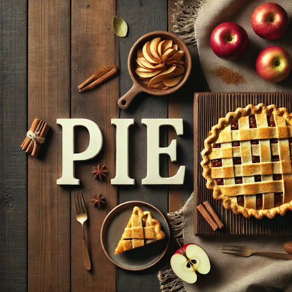 A rustic flat lay of pie on a medium-dark wooden table with horizontal planks. The scene includes a whole pie and slices with apple, berry, or pumpkin filling, placed on a wooden board with fruit or cinnamon garnish. At the top, the word 'PIE' is written in large cream-colored serif letters, centered and clearly visible.