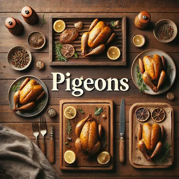 A rustic flat lay of pigeons on a medium-dark wooden table with horizontal planks. The scene includes roasted pigeons and pigeon portions arranged on a wooden board with garnishes such as herbs, lemon slices, and vegetables. At the top, the word 'PIGEONS' is written in large cream-colored serif letters, centered and clearly visible.