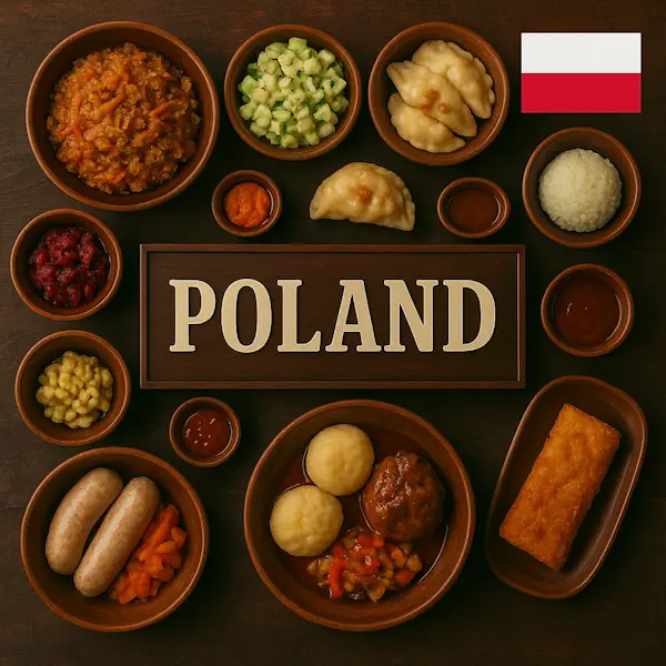 Authentic Polish cuisine flat lay with pierogi dumplings, kielbasa sausage, bigos stew, potato dumplings, beetroot, and fried cutlet in rustic wooden bowls, centered around POLAND sign with the national flag.