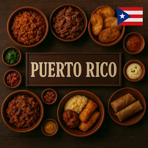 Authentic Puerto Rican cuisine flat lay with arroz con gandules, pernil pork, mofongo, pasteles, empanadillas, fried plantains, and flan in rustic wooden bowls, centered around PUERTO RICO sign with the national flag.