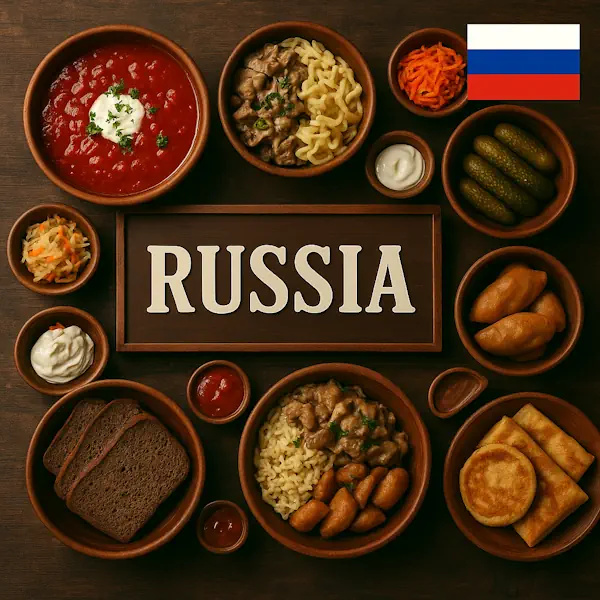 Authentic Russian cuisine flat lay with borscht soup, beef stroganoff, pelmeni dumplings, rye bread, pickled cucumbers, pirozhki pastries, and blini pancakes in rustic wooden bowls, centered around RUSSIA sign with the national flag.