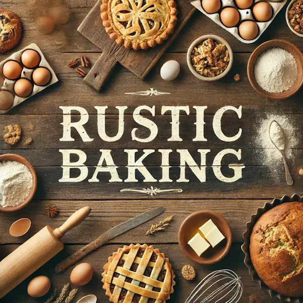 A rustic flat lay of rustic baking on a medium-dark wooden table with horizontal planks. The scene shows crusty bread, pies, tarts, and cookies, with simple baking ingredients like flour, eggs, butter, and a rolling pin arranged nearby. At the top, the words 'RUSTIC BAKING' are written in large cream-colored serif letters, centered and clearly visible.