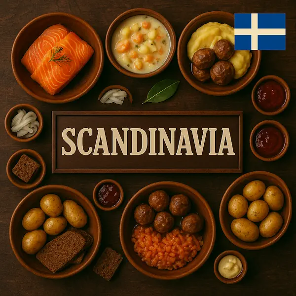 Authentic Scandinavian cuisine flat lay with smoked salmon, Swedish meatballs, lingonberry sauce, creamy potato soup, pickled herring, rye bread, and boiled potatoes in rustic wooden bowls, centered around SCANDINAVIA sign with symbolic flag.
