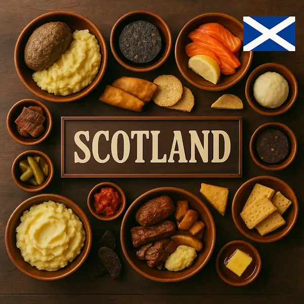 Authentic Scottish cuisine flat lay with haggis, neeps and tatties, black pudding, smoked salmon, oatcakes, shortbread, and Scotch broth in rustic wooden bowls, centered around SCOTLAND sign with the national flag, brightened for a lighter look.