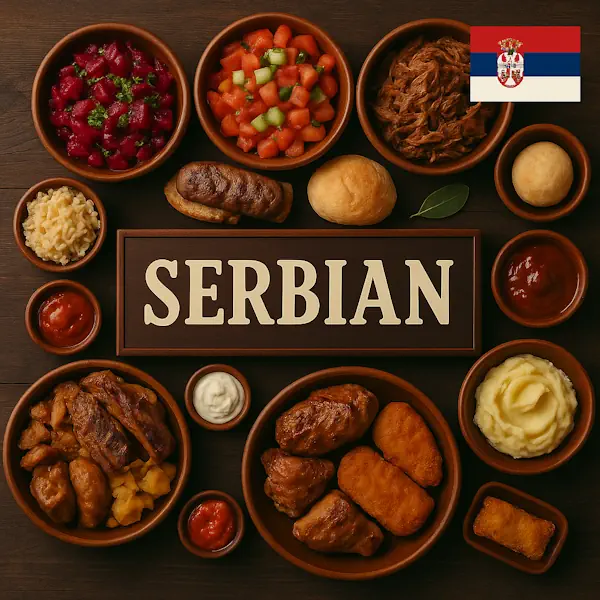 uthentic Serbian cuisine flat lay with grilled meats, sausages, bread, mashed potatoes, salads, and traditional stews in rustic wooden bowls, centered around SERBIAN sign with the national flag.