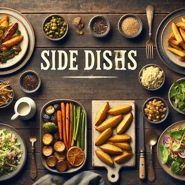 A rustic flat lay of side dishes on a medium-dark wooden table with horizontal planks. Plates and bowls include roasted vegetables, potato wedges, coleslaw, and a fresh green salad. At the top, the words 'SIDE DISHES' are written in large cream-colored serif letters, centered and clearly visible.