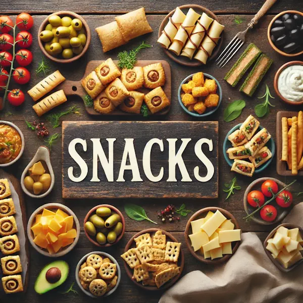 A rustic flat lay of mixed warm and cold snacks on a dark wooden table, including mini sausage rolls, mozzarella sticks, olives, sliced vegetables, cheese cubes, and dips. The layout is cozy and balanced. At the top, the word 'SNACKS' appears in large cream-colored serif letters, centered and clearly positioned above the food.