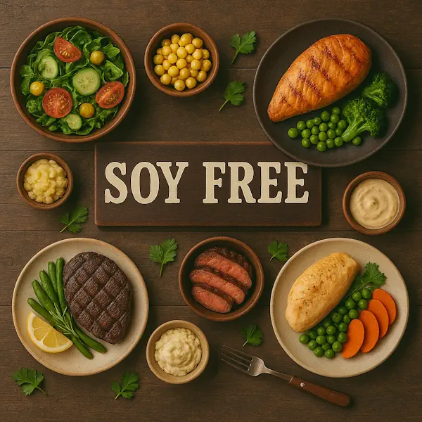 Top-down view of a rustic wooden table featuring a selection of soy-free dishes arranged around a central sign labeled SOY FREE. Includes grilled chicken, steak, salad, mashed cauliflower, green beans, peas, carrots, and chickpeas, all served in ceramic and wooden bowls and plates with warm, earthy tones.