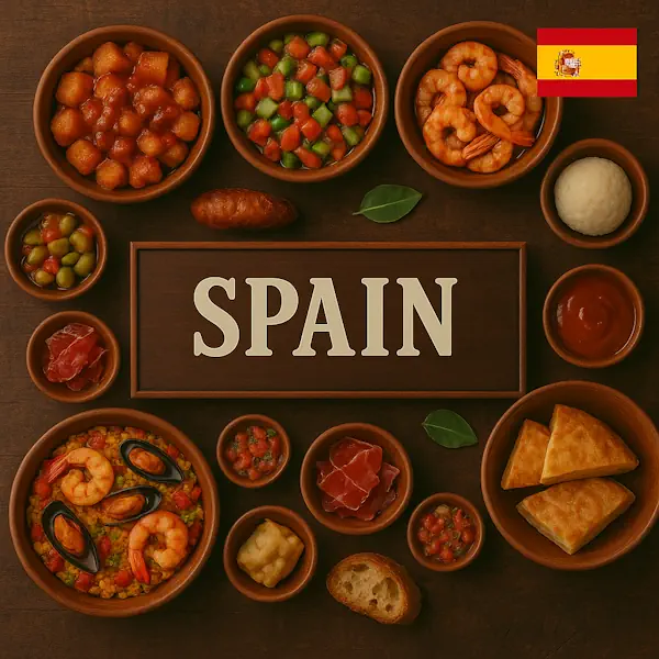 Authentic Spanish cuisine flat lay with paella, tortilla espa帽ola, patatas bravas, garlic shrimp, jam贸n, olives, bread, and tapas in rustic wooden bowls, centered around SPAIN sign with the national flag.