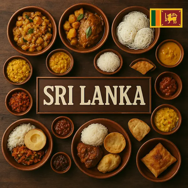 Authentic Sri Lankan cuisine flat lay with rice and curry, dhal, fish curry, kottu roti, string hoppers, sambol, and fried snacks in rustic wooden bowls, centered around SRI LANKA sign with the national flag.