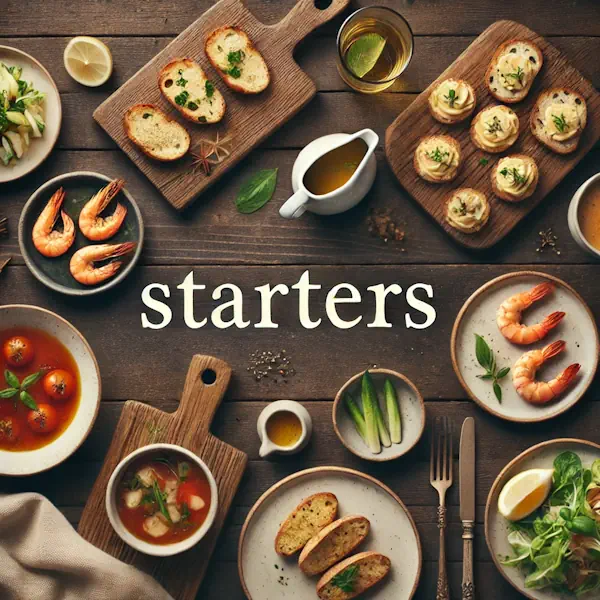 A rustic flat lay of starters on a medium-dark wooden table with horizontal planks. The selection includes bruschetta, small bowls of soup, shrimp cocktail, and fresh salad portions, garnished with herbs or lemon slices. At the top, the word 'STARTERS' is written in large cream-colored serif letters, centered and clearly visible.