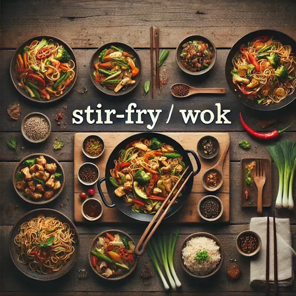 A rustic flat lay of stir-fry dishes on a medium-dark wooden table with horizontal planks. Bowls contain stir-fried vegetables, chicken, beef, or tofu, tossed with noodles or rice and garnished with sesame seeds, chili, and green onion. At the top, the words 'STIR-FRY / WOK' are written in large cream-colored serif letters, centered and clearly visible.
