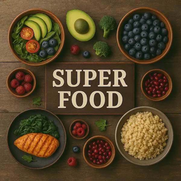 Top-down view of a rustic wooden table featuring an assortment of superfoods arranged around a central sign labeled SUPERFOOD. Includes quinoa, spinach, grilled salmon, avocado, blueberries, raspberries, pomegranate seeds, and a fresh salad with tomatoes and greens, all served in ceramic and wooden bowls and plates.