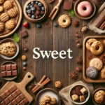 A rustic flat lay of sweet foods on a medium-dark wooden table with horizontal planks. The scene includes cookies, pastries, chocolate pieces, and small cakes, with garnishes like berries, powdered sugar, and mint leaves. At the top, the word 'SWEET' is written in large cream-colored serif letters, centered and clearly visible.