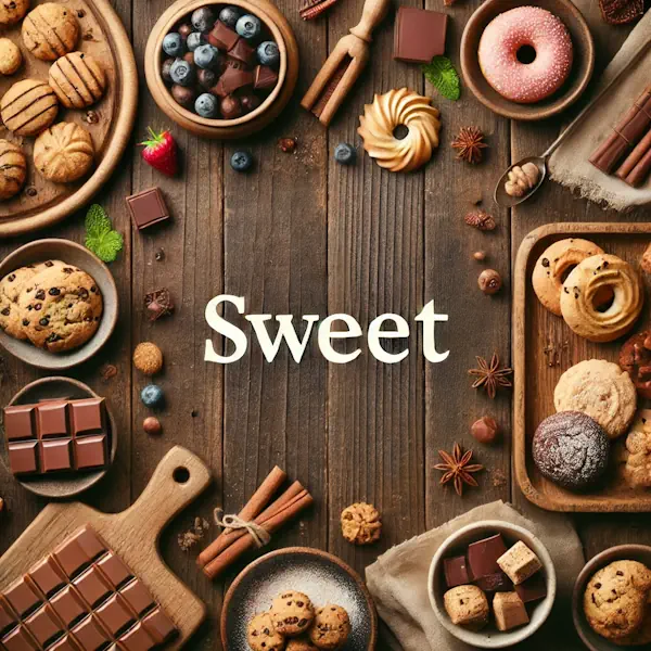 A rustic flat lay of sweet foods on a medium-dark wooden table with horizontal planks. The scene includes cookies, pastries, chocolate pieces, and small cakes, with garnishes like berries, powdered sugar, and mint leaves. At the top, the word 'SWEET' is written in large cream-colored serif letters, centered and clearly visible.