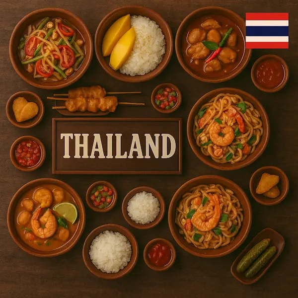 Authentic Thai cuisine flat lay with pad Thai, tom yum soup, green curry, papaya salad, mango sticky rice, and chicken satay in rustic wooden bowls, centered around THAILAND sign with the national flag.