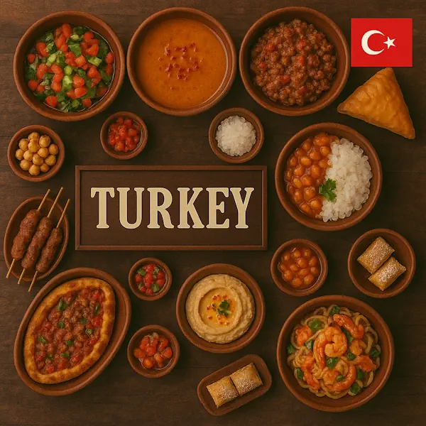 Authentic Turkish cuisine flat lay with kebabs, pide, hummus, lentil soup, chickpeas with rice, fresh salad, baklava, and samosas in rustic wooden bowls, centered around TURKEY sign with the national flag.