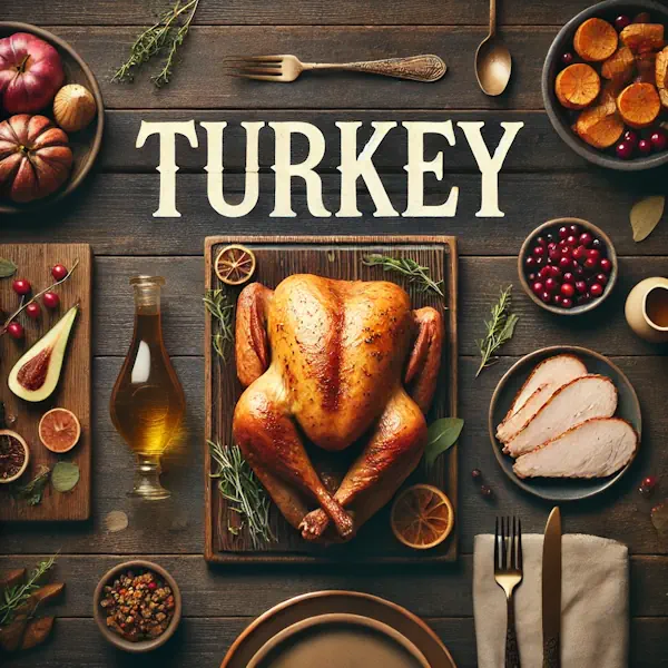 A rustic flat lay of turkey on a medium-dark wooden table with horizontal planks. The scene includes a whole roasted turkey and carved turkey portions, garnished with herbs, cranberries, and vegetables. At the top, the word 'TURKEY' is written in large cream-colored serif letters, centered and clearly visible.